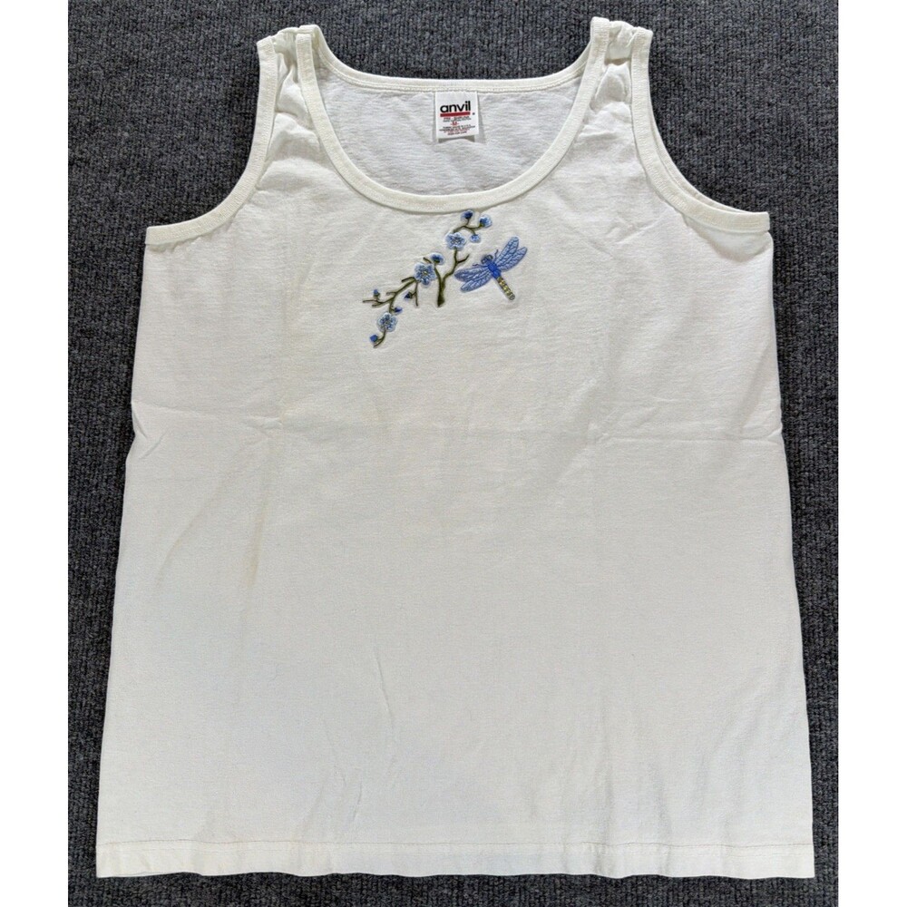 Vintage 90s Anvil White Cotton Tank Top Embroidered Dragonfly Women's Medium